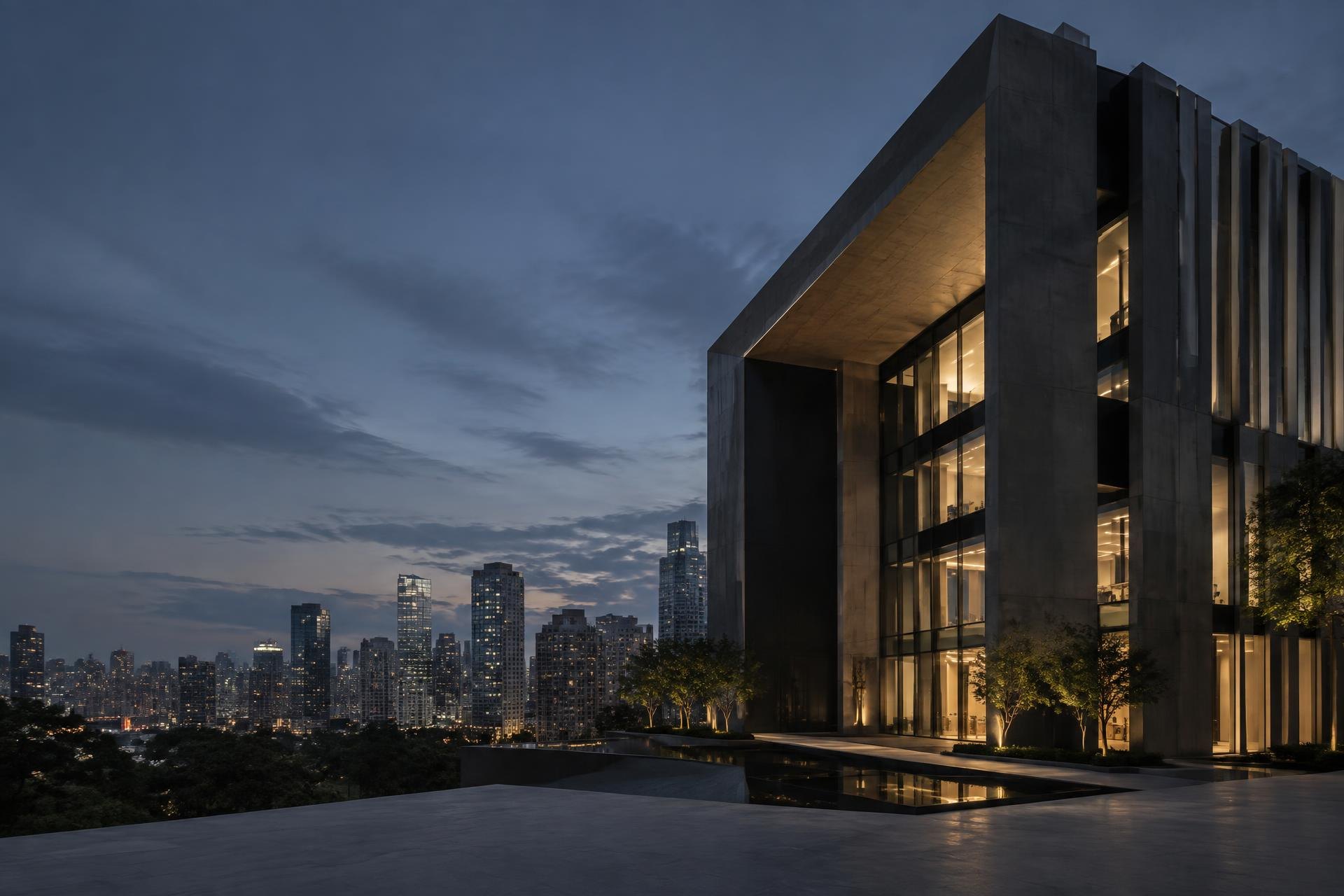 Edifício contemporâneo em concreto e vidro ao anoitecer